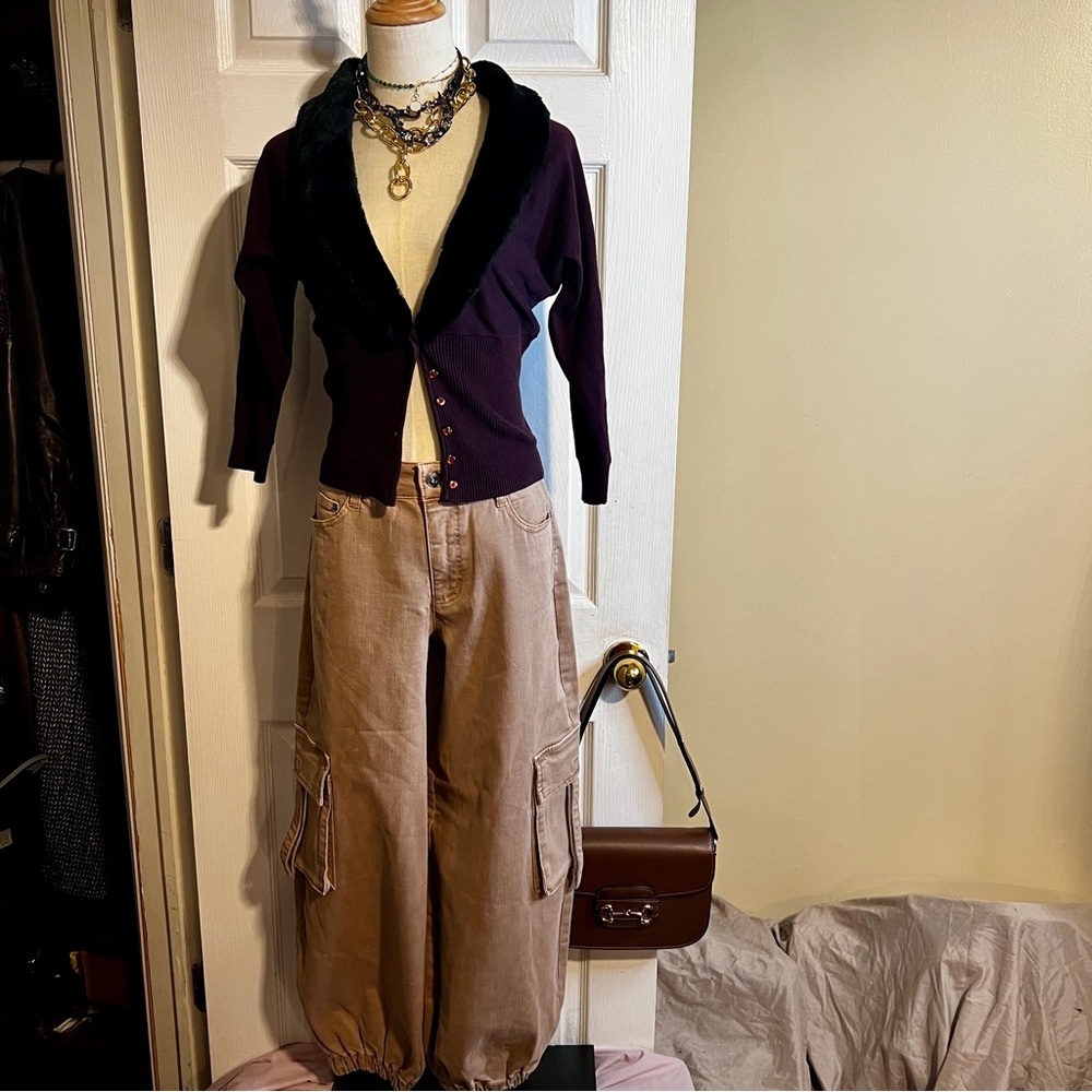 Vintage Y2K Wms Cotton‎ Knit Faux Fur Trim Crop Purple Penny Lane Cardigan S/M